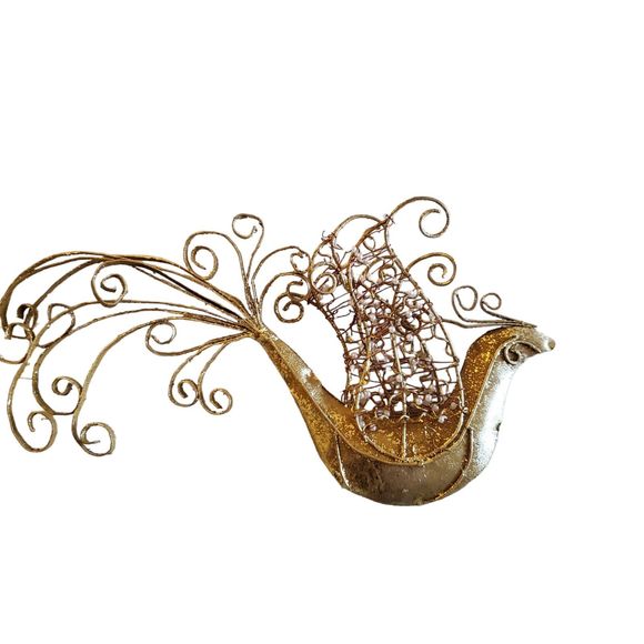 Handmade Gold Glitter Beaded Metal Peacock Ornament - Picture 3 of 6